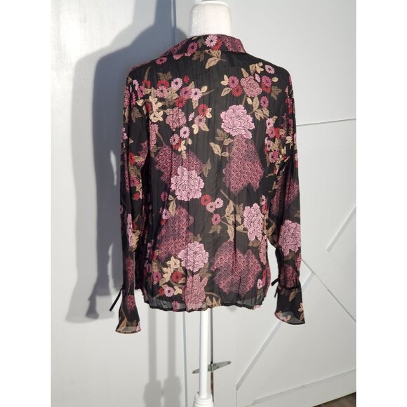 APOSTROPHE FLORAL FORMAL BLOUSE COLOR BLACK LONG SLEEVE POLYESTER SIZE M - Picture 5 of 6